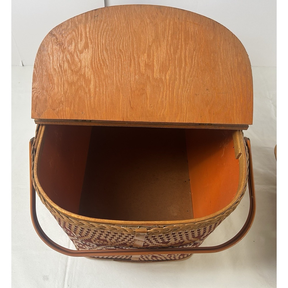 Vintage Redmon Woven Picnic Basket 22" Wood Lid & Handles Diamond Pattern - Picture 12 of 16
